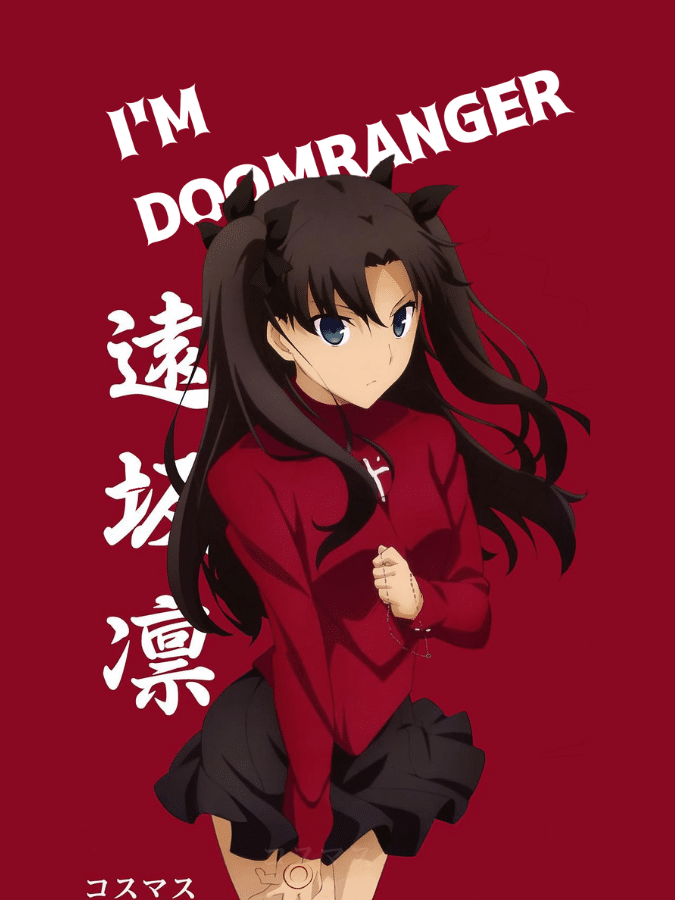 Anime girl in school uniform on red, text IM DOOMRANGER, hints at heroism.